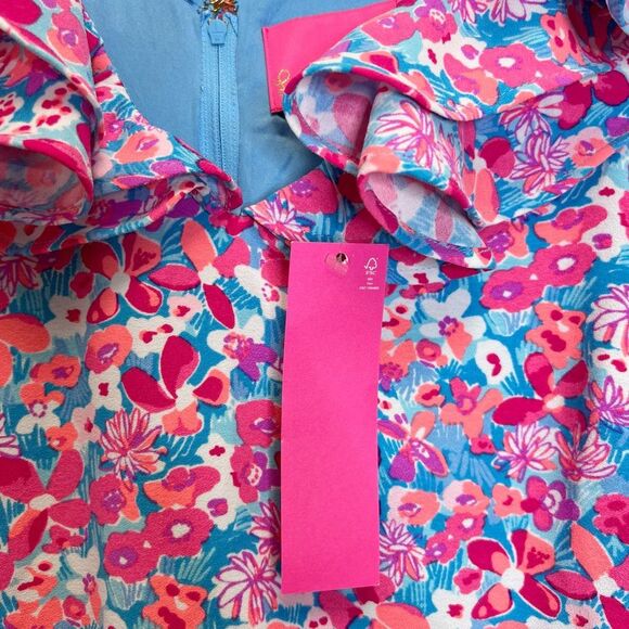 Lilly Pulitzer Aura Pink Baby Bloomer Floral Ruffled Sleeveless Linwood Romper - Picture 4 of 7